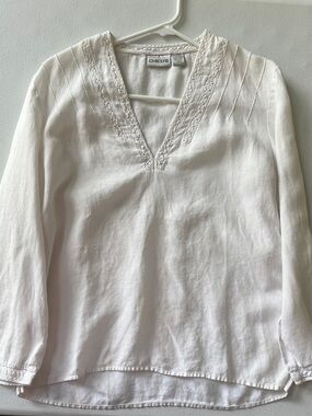 Chico's 100% Linen White V-Neck Tunic with Lace Trim